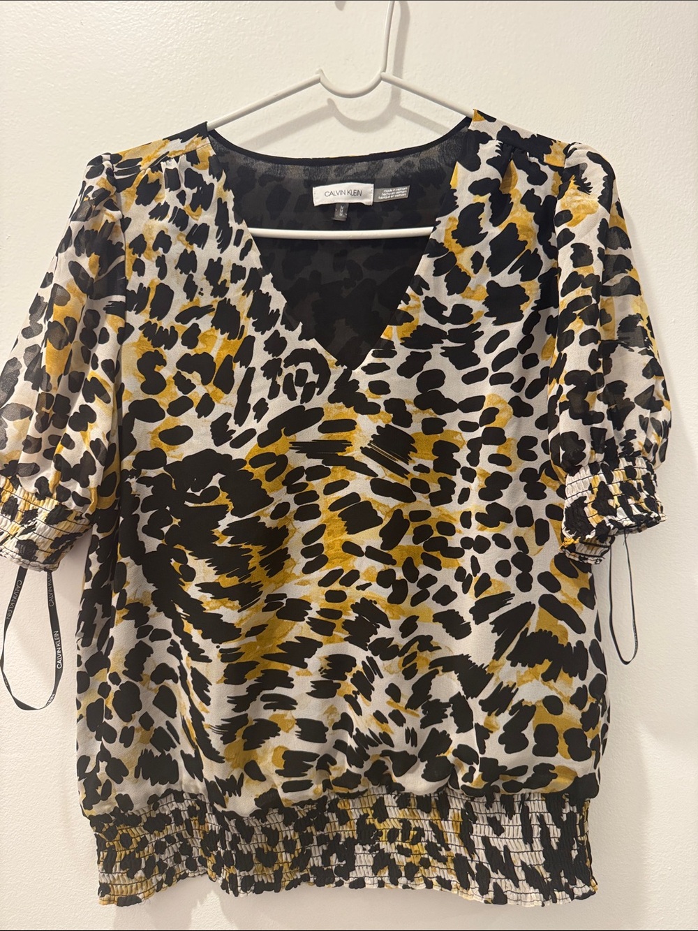 Calvin Klein Black, White & Mustard Animal Print V-Neck Blouse